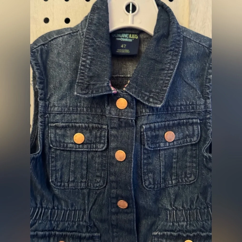 OshKosh B’gosh Genuine Kids Denim Utility Vest Girls 4T Dark Wash Snap Front